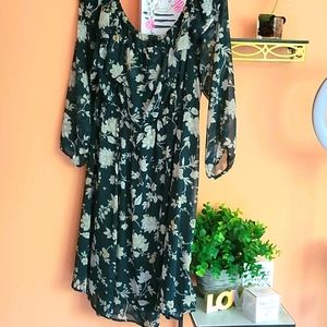GREEN FLORAL PRINT CHIFFON OFF SHOULDER SKATER DRE